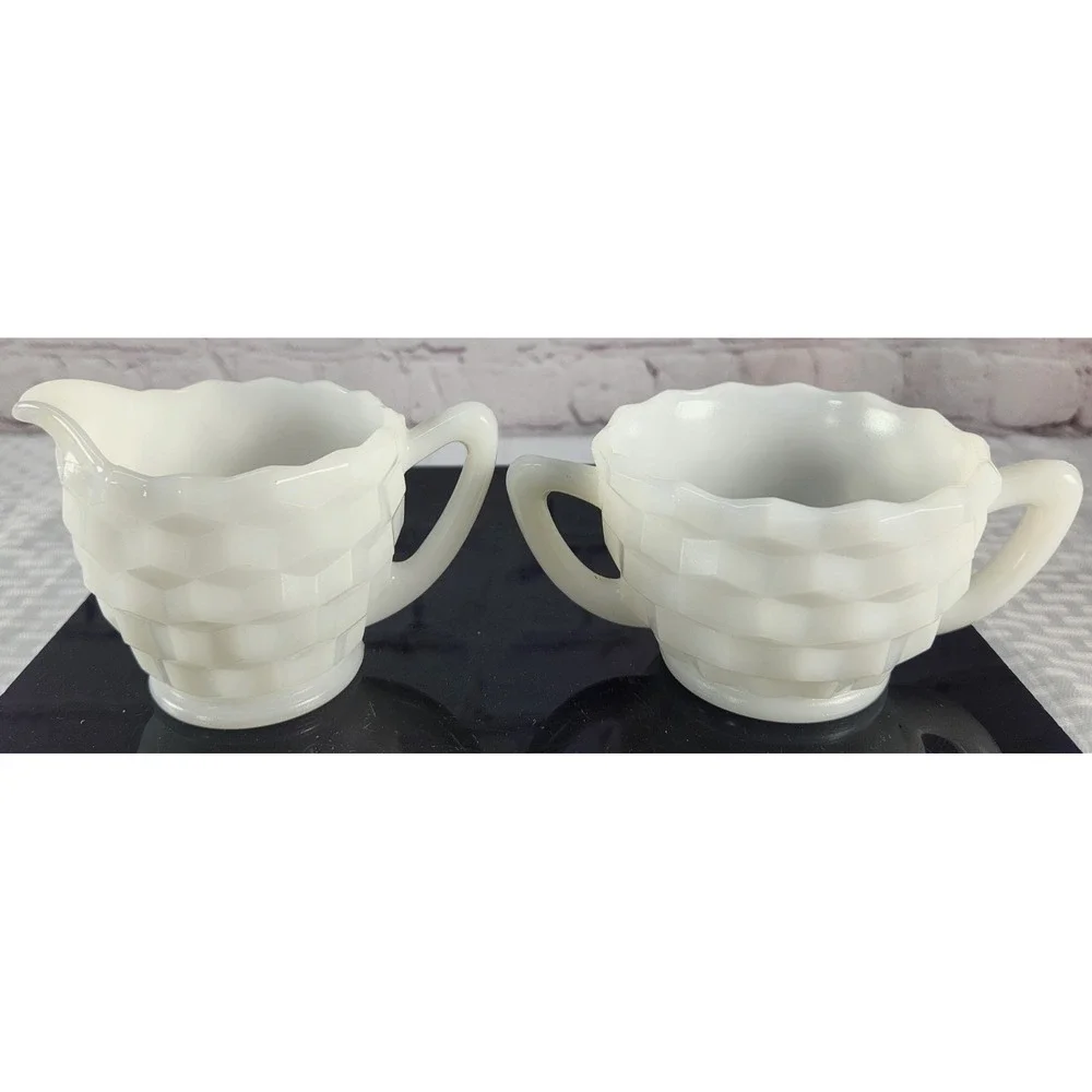 Vintage Milk Glass Sugar Bowl & Creamer with Block / Basket Weave Design